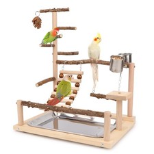 Bird Playground Wooden Bird Perch Stand Ladder Swing with Removable Tray  Fe...