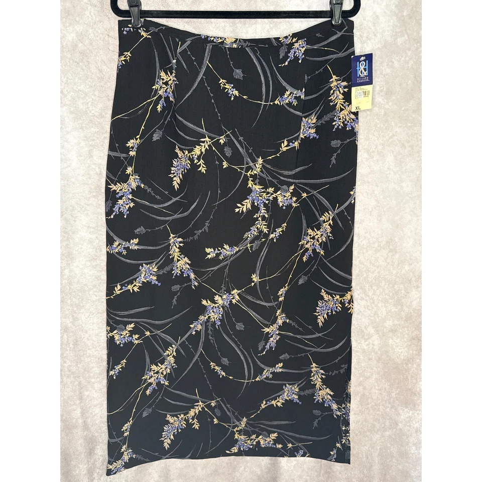 全新带标签复古 90 年代 Hillard Hanson 花卉裙女式 XL 黑色 Midi — 第 2/4 张图片