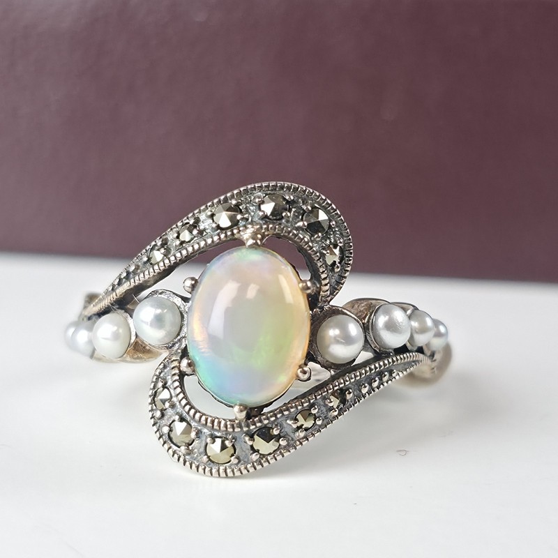 Vintage Sterling Silver Natural Opal & Freshwater Pearl Ring – Size 6