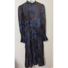 Karlie Floral Mock Neck Midi Dress Womens Medium Blue Brown Smocked Cuff