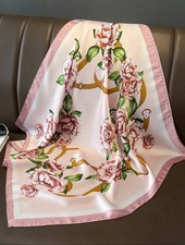 Silky Scarf Women Creamy Pink Large Flower Kerchief Square Bandana Wrap 68 68cm
