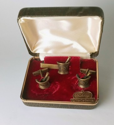 VTG Brass Schering by his Lordship Pharmacist Cufflinks & Tie Bar Set w/ Box