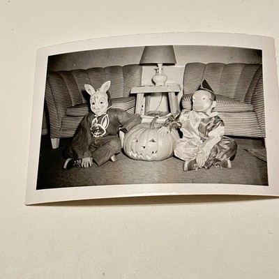Vtg 1950s Halloween Kids Bunny Costume Pumpkin Original Snapshot Photo Odd