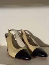 CHANEL Beige Black Colorblock Slingback Leather Heels Pointed Toe