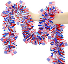 50FT 4Th of July Garland Decorations,Patriotic Tinsel Garland with American Flag