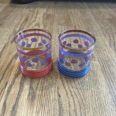 2 Sakura Sango Sue Zipkin Rocks Vtg MCM Whiskey Glasses Gold Rimmed Red & Blue