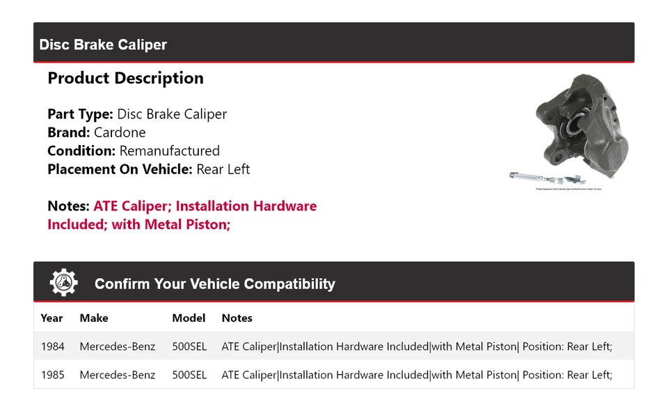 Pinza de freno de disco trasera izquierda cardone para Mercedes-Benz 500SEL 1984-1985 Foto 2 de 4