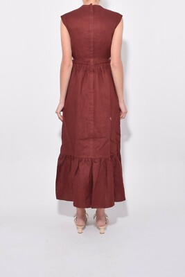 TIBI Burgundy Cutout Waist Summer Linen Canvas Ruffle Hem Midi Maxi Dress  12 = L | eBay