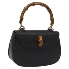 GUCCI Bamboo Hand Bag Leather Black Gold 000 2113 0188 Auth yk17496A