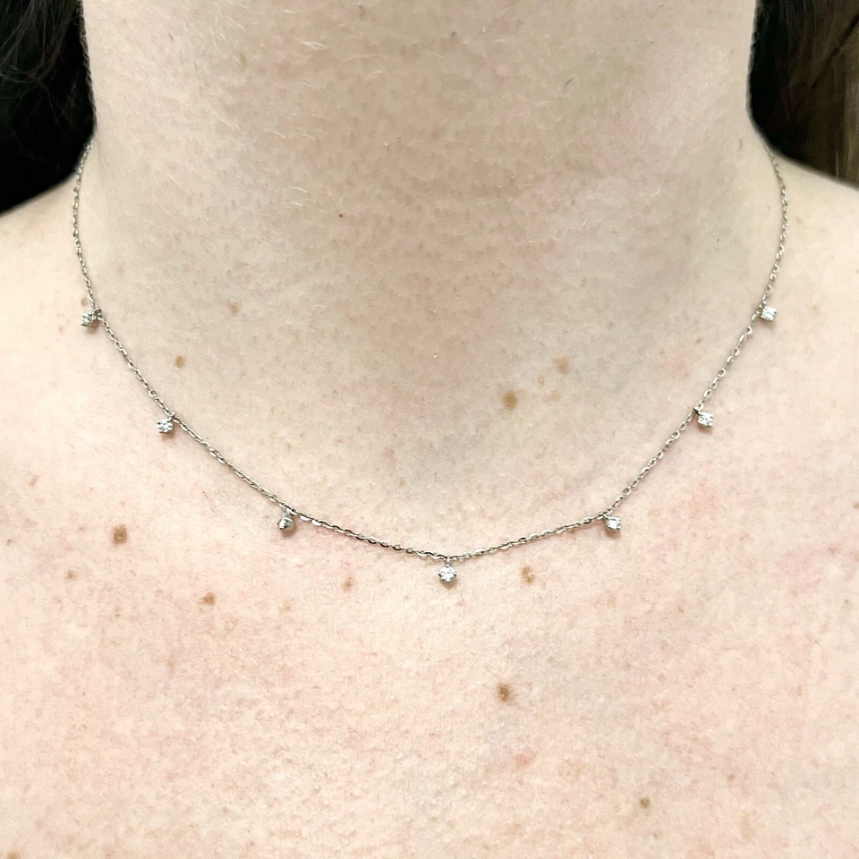 Colar estação de diamante 14K multirgotas - Colar de diamante sólido ouro branco 14K - Imagem 2 de 4