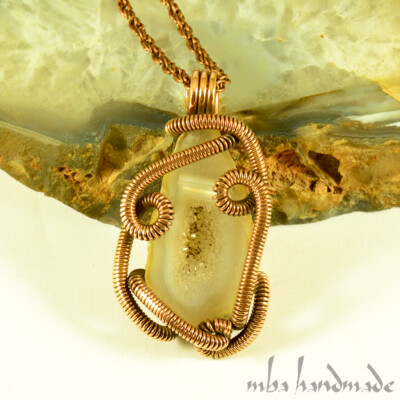 Agate Crystal Pendant Copper Wire Wrapped Unique Artisan Jewelry