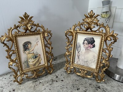 【送料無料】Antique Process 4racks Vtg Ornate Victorian Rococo Gold Brass Picture Frame Plaque Holder