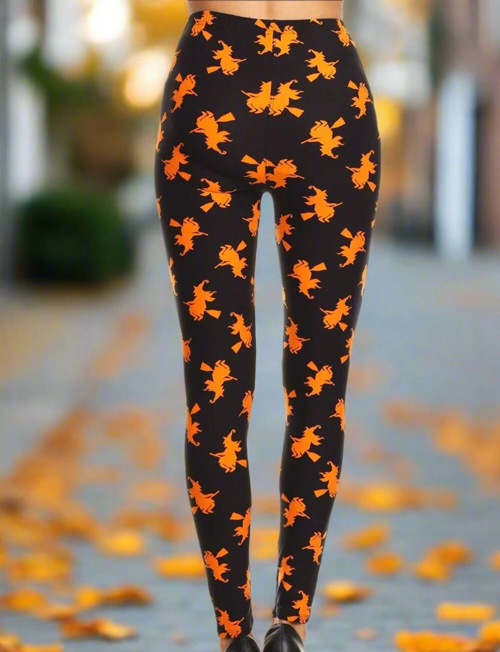 Halloween Orange Witch Print Black Leggings
