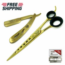 2 PC BARBER SALON HAIR STYLING HAIR CUTTING SHEAR SCISSOR  SHAVING RAZOR GOLD