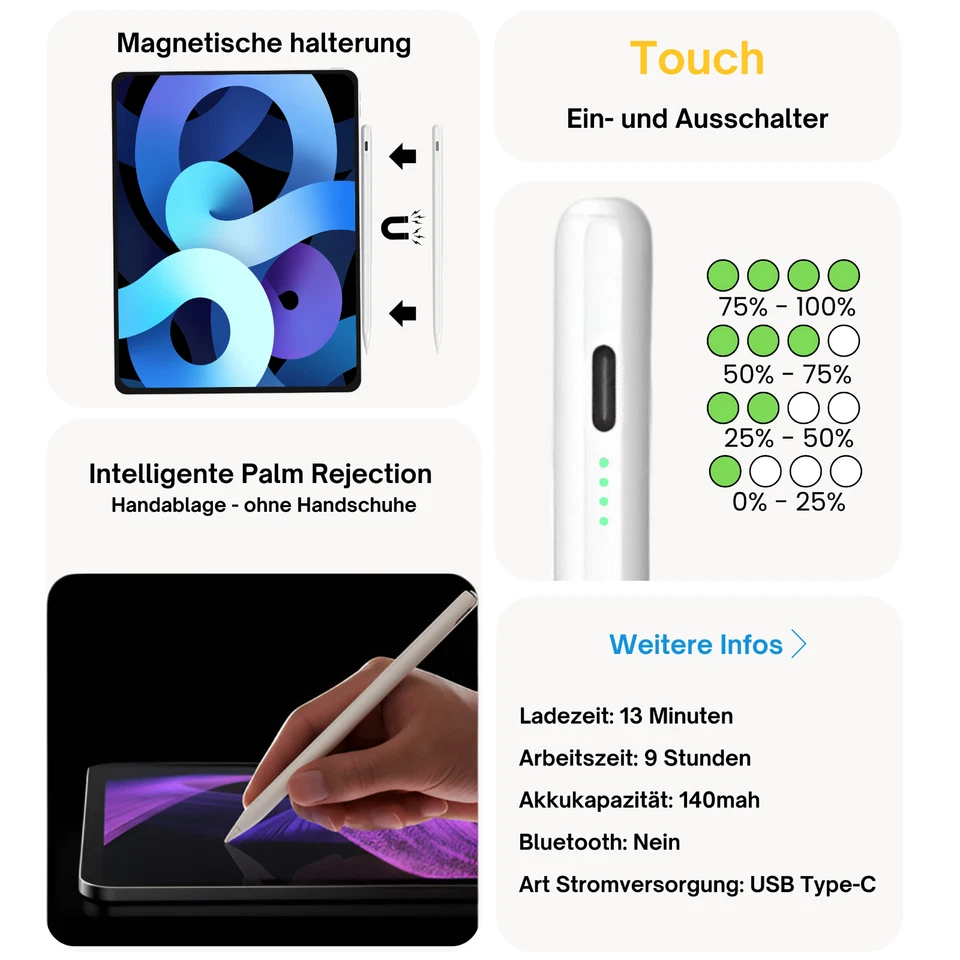 Apple Pencil Stift für iPad Stylus Pencil Schnelladen 2018-2024 Magnetisch Bunt - Bild 4 von 4