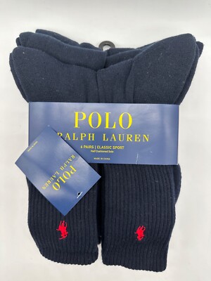 6 PAIR PACK POLO RALPH LAUREN CLASSIC SPORT  MEN CREW SOCKS SIZE 10-13