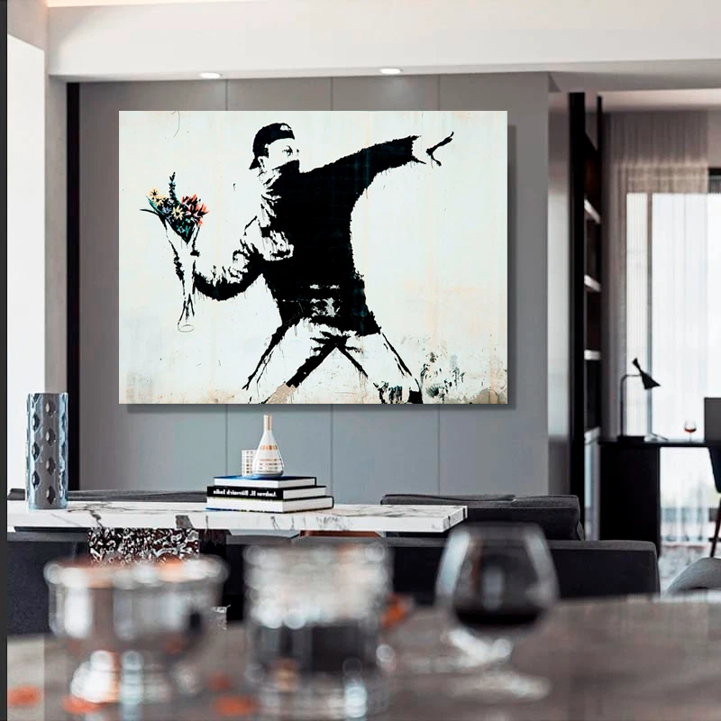 BANKSY FRAMED CANVAS STREET GRAFFITI URBAN ART PRINT FLOWER THROW PAINTING - image 3 of 4