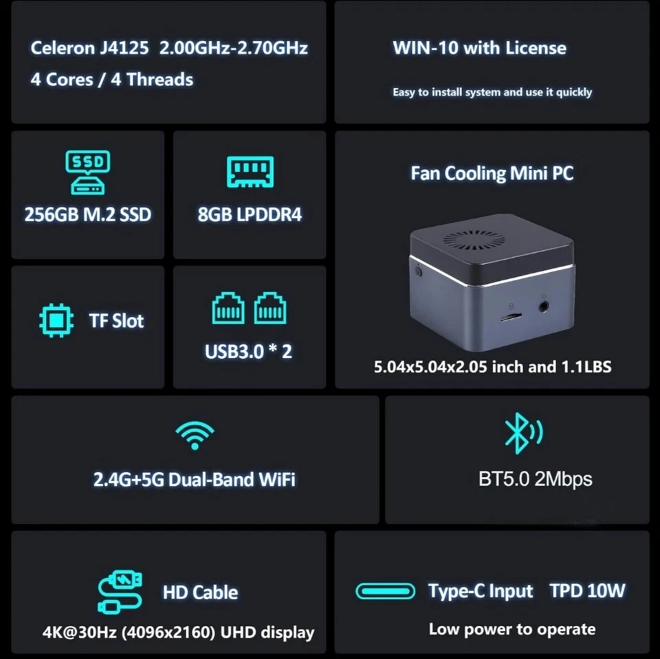 Mini PC J4125 Windows 10, 8GB RAM 256GB SSD, Mini Desktop Computer Support 4K - Image 2 of 4