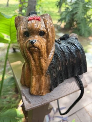 Timmy Woods Beverly Hills Yorkie Dog Hand Carved Wood Purse Red Bow Shoulder Bag