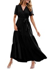 Women Boho Swiss Dot Maxi Dress V Neck Flutter Sleeve Tie Waist A Line Black