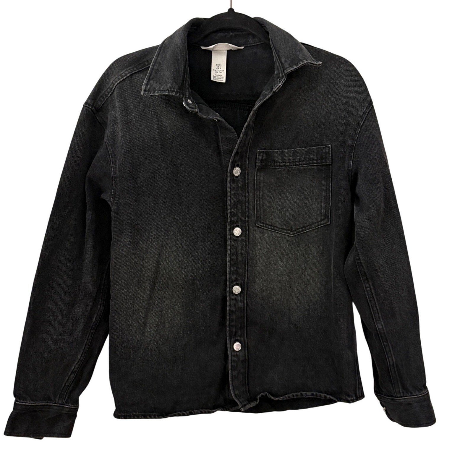 H&M Black Denim Button Down Shirt Regular Fit Men's Small Washed Jean Shirt