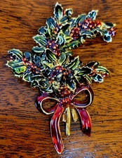 Signed MFA Sprig Of Holly & Berries With Bow Gold-Tone & Enamel