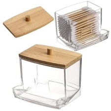 1pc Cotton Swab Holder   Clear Jar W/ Bamboo Lid, Bathroom Storage Container