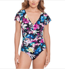 Swim Solutions Women's Floral-Print Flutter-Sleeve One-Piece Swimsui Size16 NWT