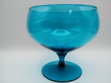 Vtg MCM Aquamarine Blue Hand Blown Glass Pedestal Bowl - Optic Rib Compote Dish
