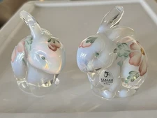 Fenton Blown Glass Bunny Rabbit Figurines Hand Painted Signed by Artist P. Lane
