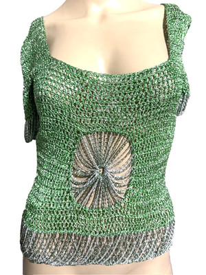 Loris Azzaro Paris Vintage Green Silver Chain Metallic Dress Top US 2 4 / FR 36