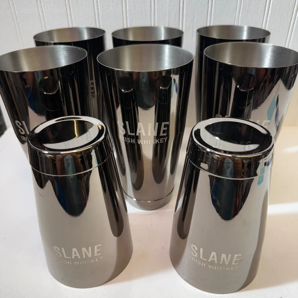 Лот из 8SLANE ирландский виски шейкер набор 6 из нержавеющей стали стаканы и 2 Skaker топы бар паб - Изображение 3 из 4