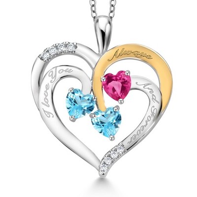 1.70 Ct Swiss Blue Topaz Pink Created Sapphire Rhodium Plated Pendant with Chain