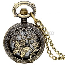 Retro Bronze Tone Hollow Butterfly Arabic Number Quartz Small Pocket Watch Chain