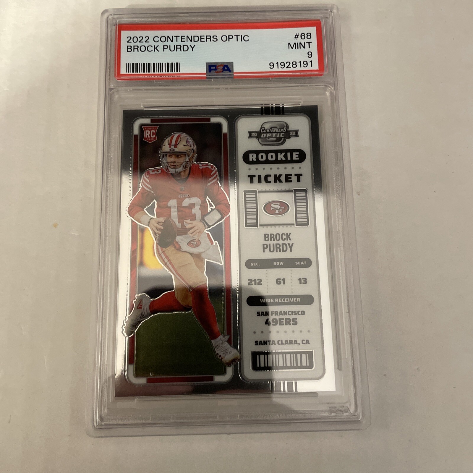 2022 CONTENDERS OPTIC BROCK PURDY RC 49ers ROOKIE TICKET #68 PSA MINT 9. Error
