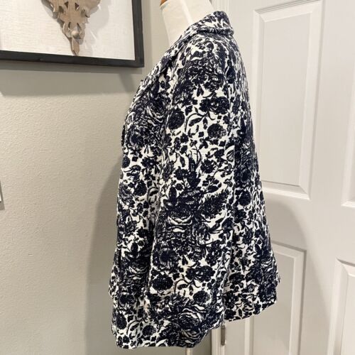 Talbots Navy & White Floral Toile Jacket Blazer Coat Top Lined 24W, Shawl Collar - Picture 2 of 15