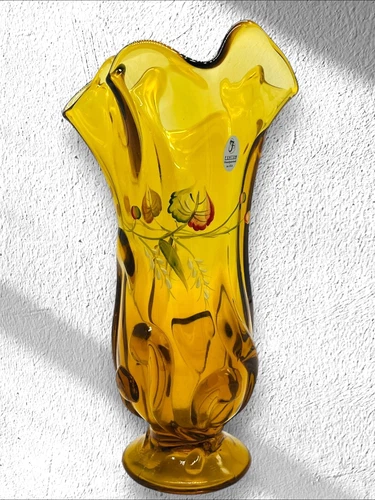 FENTON AMBER 10 "  HAND PAINTED FLORAL RUFFLED SWUNG VASE Tagged & Signed