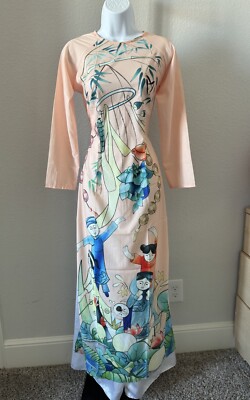 Medium-children- Pre-made  Ao Dai ONLY  3D Vietnamese Traditional- Peach