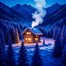 Digital Image A Rustic Log Cabin Nestled In A Snowy Mountain Valley.