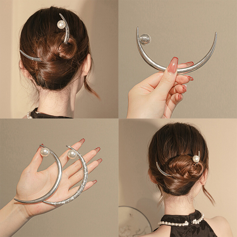 Moon Plate Hair Fork　SYKIA Vintage Crescent Moon Hair Forks Pearl Hair Sticks Womens