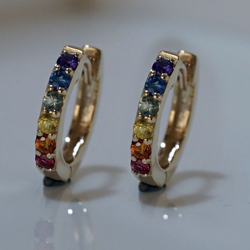 E180 Genuine 9K Yellow,White or Rose Gold Rainbow Sapphire Pride Huggie Earrings - Picture 3 of 4
