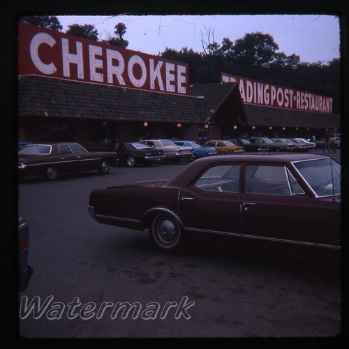 1974 Photo slide Cherokee Trading post & restaurant cars near Wheeling