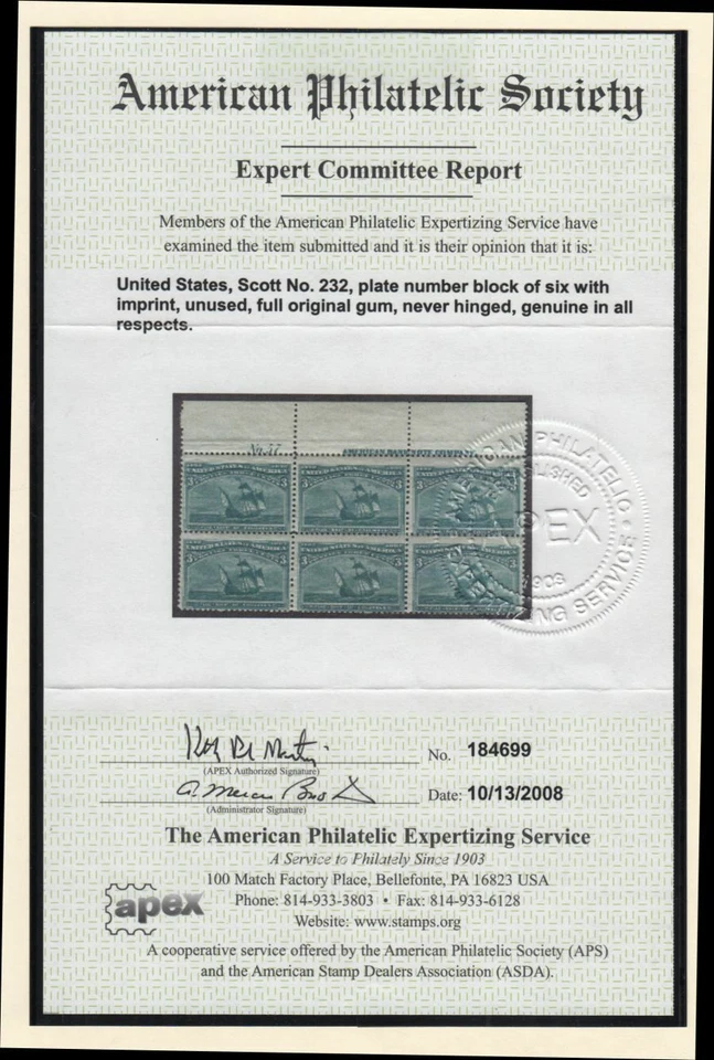 1893 COLUMBIAN 3c Sc 232 MNH plate block of 6 with OG - APS Certficate - Image 2 of 2