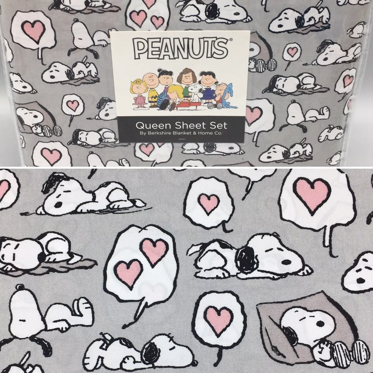 4pc Berkshire Peanuts QUEEN Sheet Set Snoopy Dreaming Love Pink Hearts Sleeping