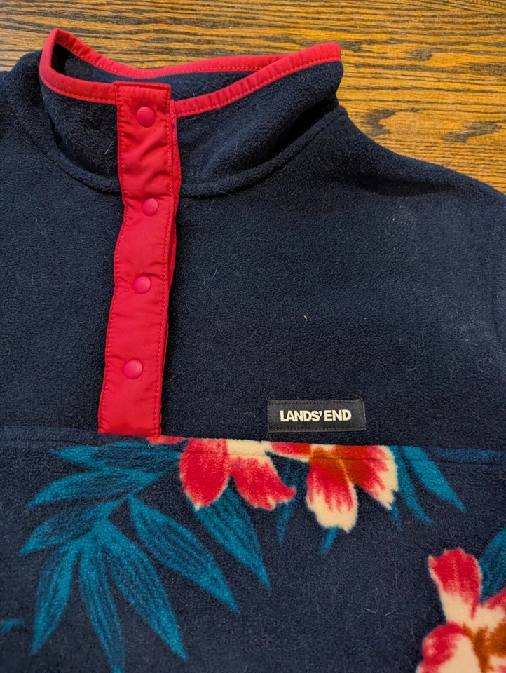 Lands End Fleece Pullover Jacket Navy Blue Hawaiian Floral Girls Size L 14-16 - Image 2 of 4