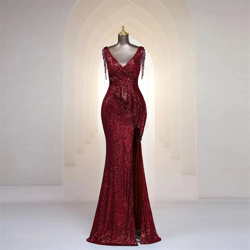 Evening Dress Tassel V Neck Ruffles High Split Women Sequin Long Prom Party Gown - Picture 26 of 30