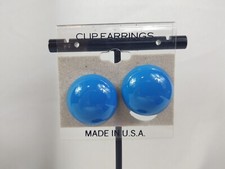Vintage 80s Blue Button Clip On Earrings Women's Costume Jewelry Made In USA