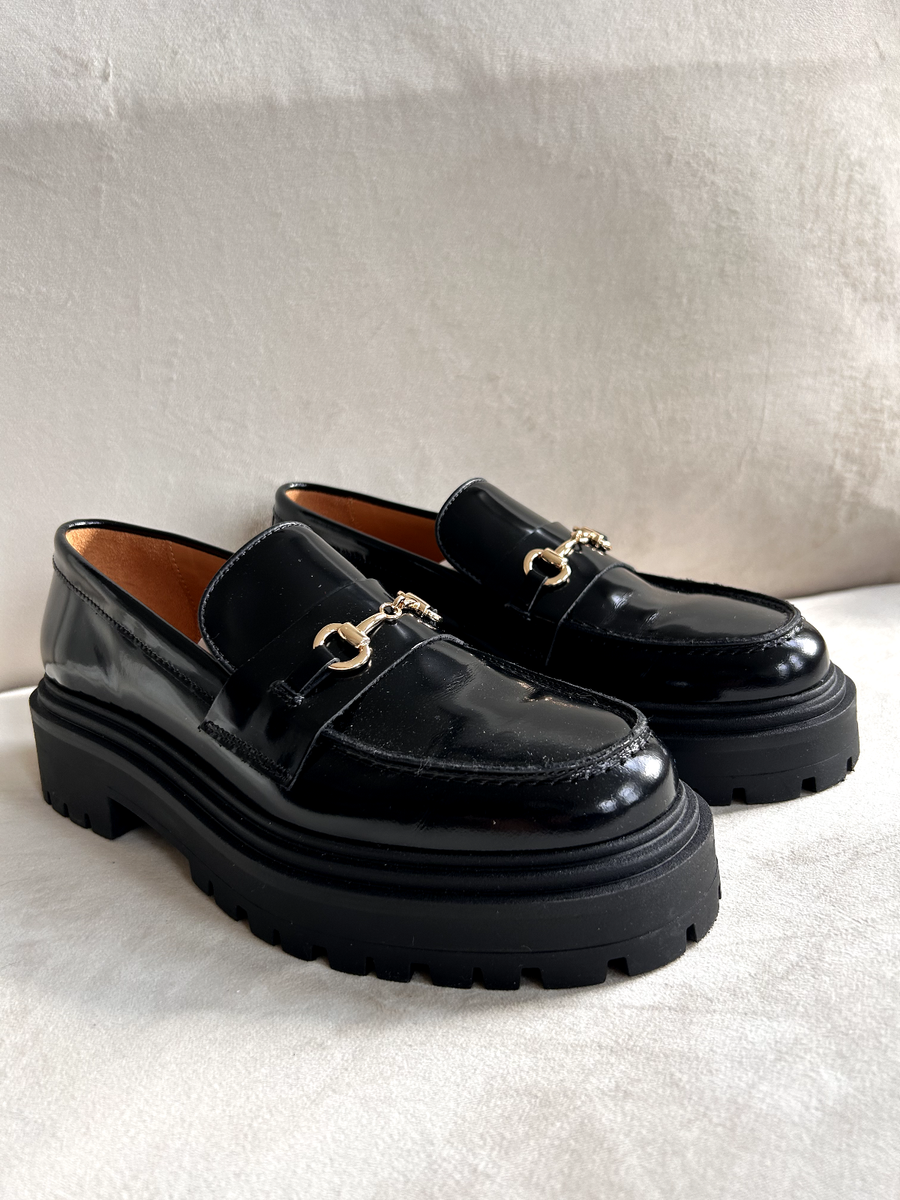 Thursday Boots Penny Platform Loafers Black and Gold Women's