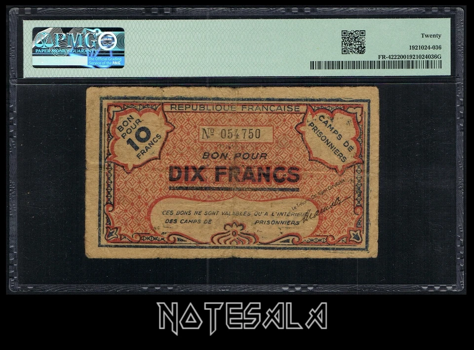 ALGERIA 10 FRANCS ND (1943) FR-422 K.395 CAMPS PRISONNIERS WWII PMG 20 VF SCARCE - Image 2 of 2
