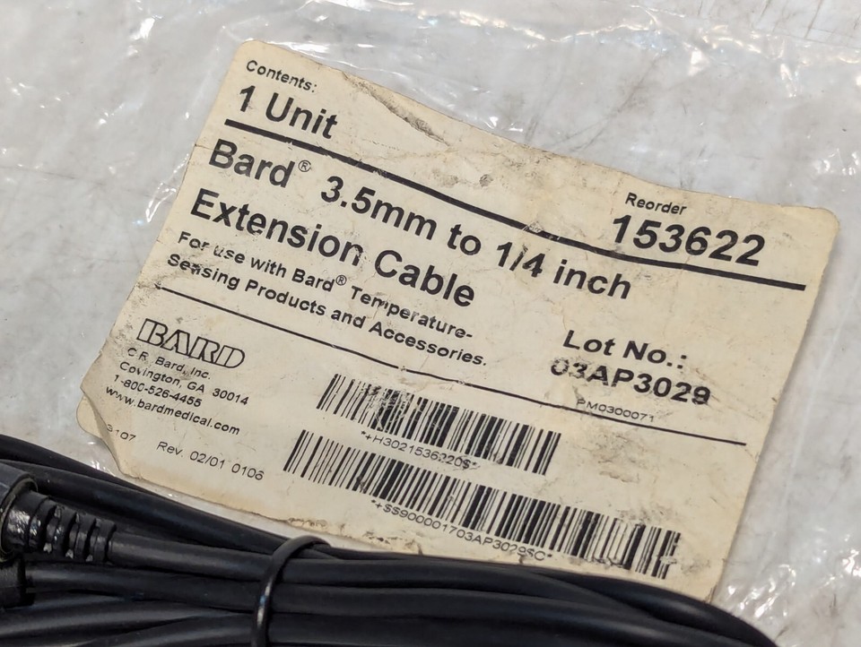 Bard 153622 3.5mm to 1/4 inch Dual Connector Medical Extension Cable ...